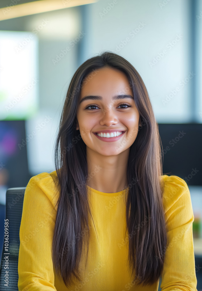 cheerful young professional woman laughing in a casual office setting wearing a bright yellow top
