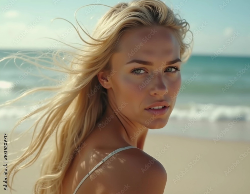 A blond woman in a swimsuit gazes back while standing near the shoreline. Gentle sea waves lap at her feet under a clear blue sky. Long hair, beautiful young face. Travel and clothing adverts. AI A blond woman in a swimsuit gazes back while standing near the shoreline. Gentle sea waves lap at her feet under a clear blue sky. Long hair, beautiful young face. Travel and clothing adverts. AI