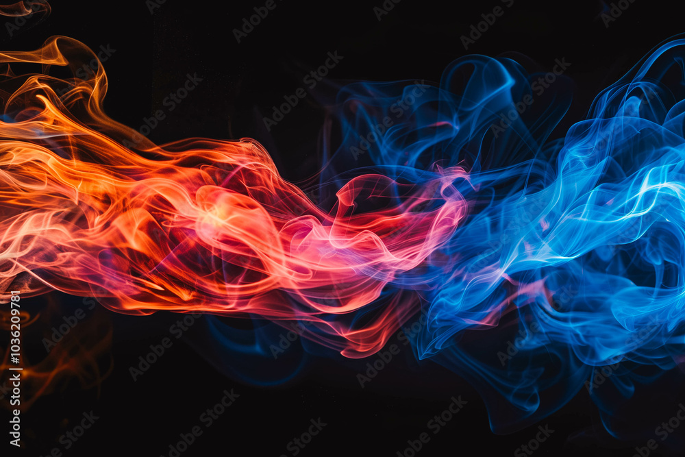 Red and blue fire on black background. Colorful smoke on black background, Red and blue fire on black background. Colorful smoke on black background,