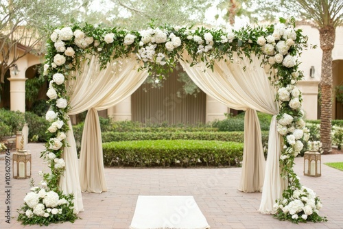 White Floral Archway with Draped Fabric and Lanterns