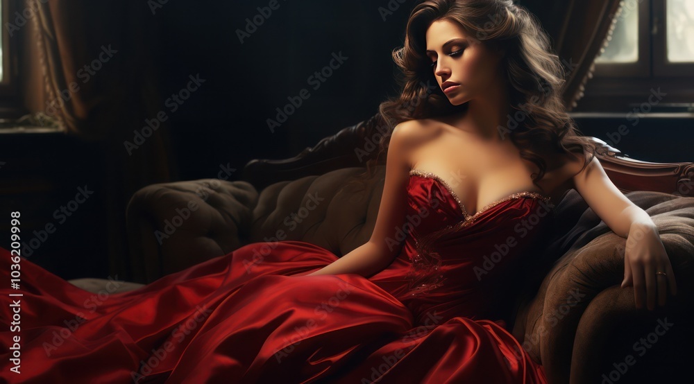 A brunette in a long luxurious red dress A brunette in a long luxurious red dress