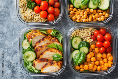 healthy meal prep containers with grilled chicken, quinoa, chickpeas, and fresh vegetables for balanced diet