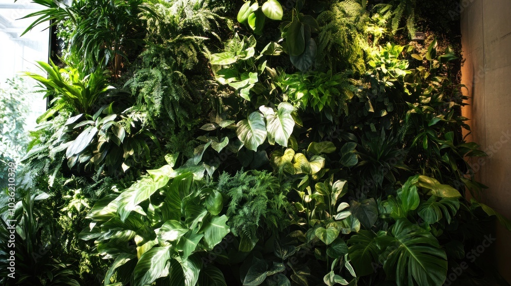 A vibrant green wall filled with various lush plants, promoting a natural environment. A vibrant green wall filled with various lush plants, promoting a natural environment.