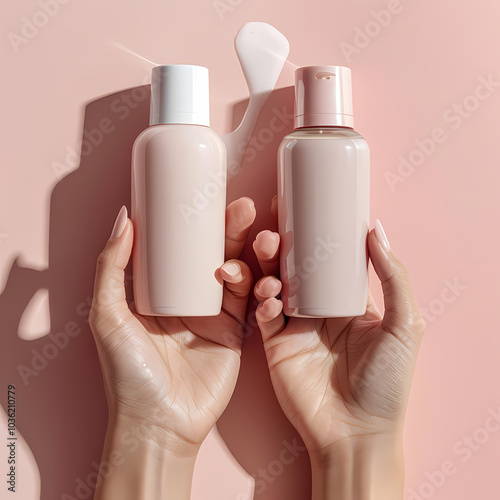 similar shampoo bottles in pink background Generated AI