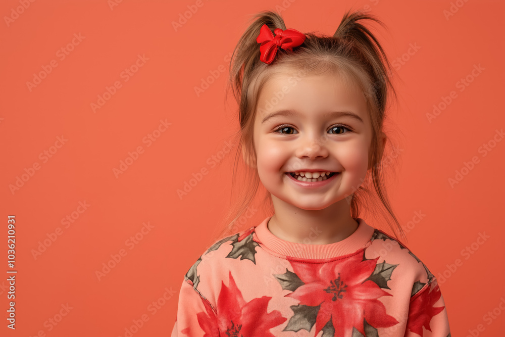 joyful young girl with ponytails and red bow smiling in pink poinsettia print sweatshirt on orange background joyful young girl with ponytails and red bow smiling in pink poinsettia print sweatshirt on orange background
