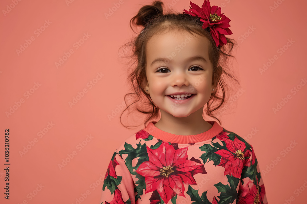 joyful young girl with poinsettia flower in hair wearing a floral dress on a soft pink background joyful young girl with poinsettia flower in hair wearing a floral dress on a soft pink background
