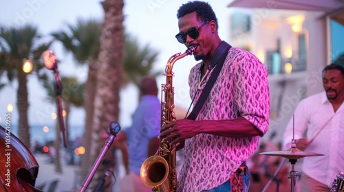 A musician playing saxophone at a lively outdoor event near the beach.