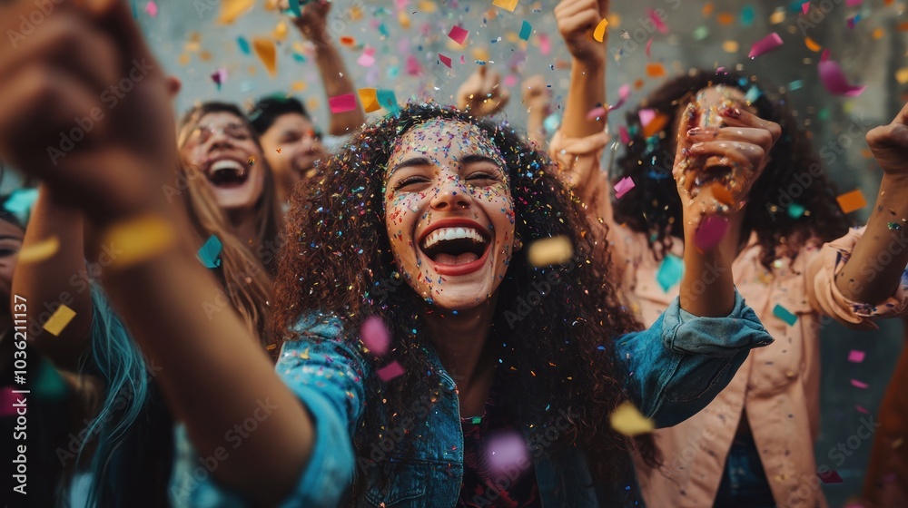A joyful celebration with people cheering and colorful confetti in the air. A joyful celebration with people cheering and colorful confetti in the air.