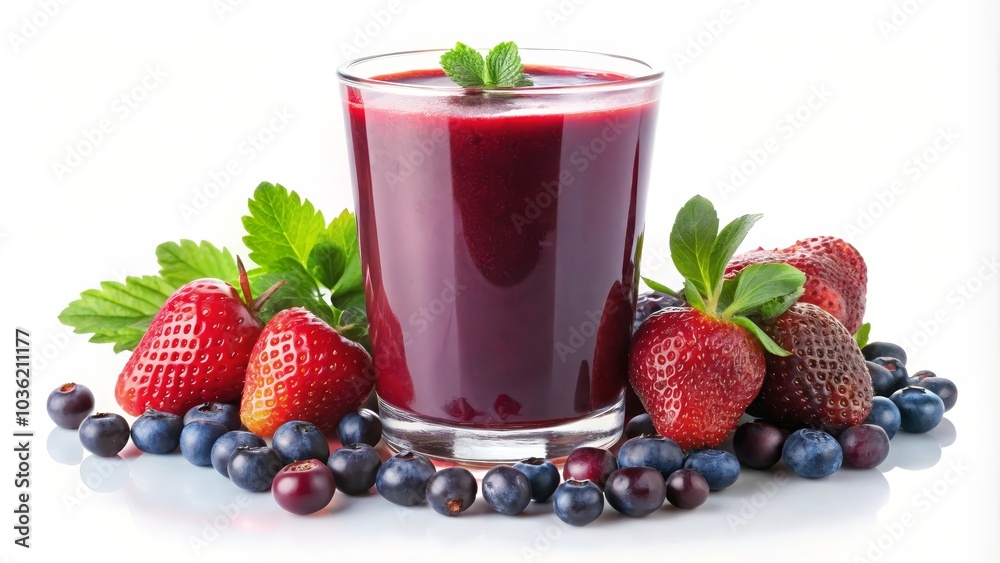 Glass of berry smoothie is surrounded by fresh strawberries, blueberries, and mint leaves Glass of berry smoothie is surrounded by fresh strawberries, blueberries, and mint leaves