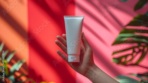 red and white prtrait of a hand holdng a product Generated AI photo