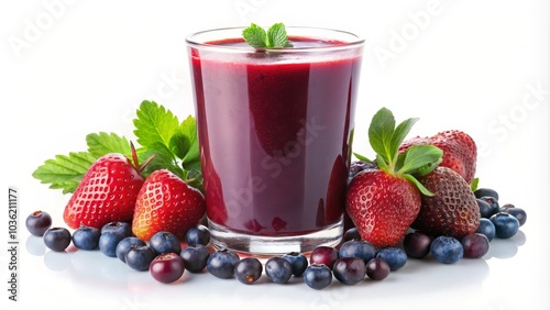 Glass of berry smoothie is surrounded by fresh strawberries, blueberries, and mint leaves