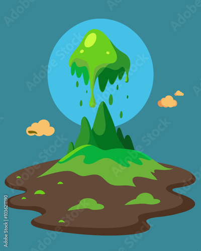 Foulsmelling liquid oozed out from the edges of the landfill seeping into the ground and contaminating the earth.. Vector illustration