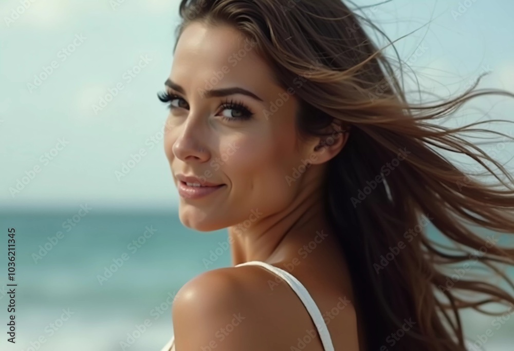 A brunette woman in a swimsuit gazes back while standing near the shoreline. Gentle sea waves lap at her feet under a clear blue sky. Long hair, beautiful young face. Travel and clothing adverts. AI A brunette woman in a swimsuit gazes back while standing near the shoreline. Gentle sea waves lap at her feet under a clear blue sky. Long hair, beautiful young face. Travel and clothing adverts. AI
