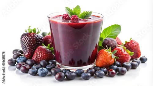 Glass of berry smoothie is surrounded by fresh strawberries, blueberries, and mint leaves