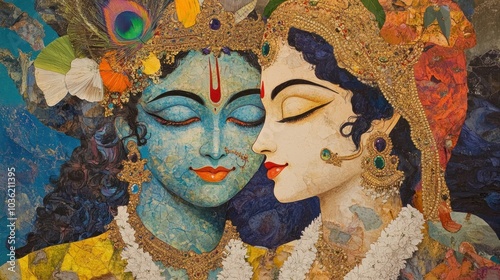 A vibrant artwork depicting the divine figures Krishna and Radha in a loving embrace.