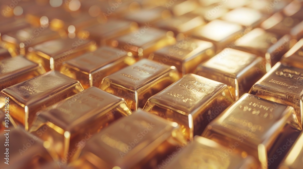 Gold bars are neatly stacked in a warm, glowing light. Concept of wealth and luxury. For representations of financial stability or prosperity. Gold bars are neatly stacked in a warm, glowing light. Concept of wealth and luxury. For representations of financial stability or prosperity.