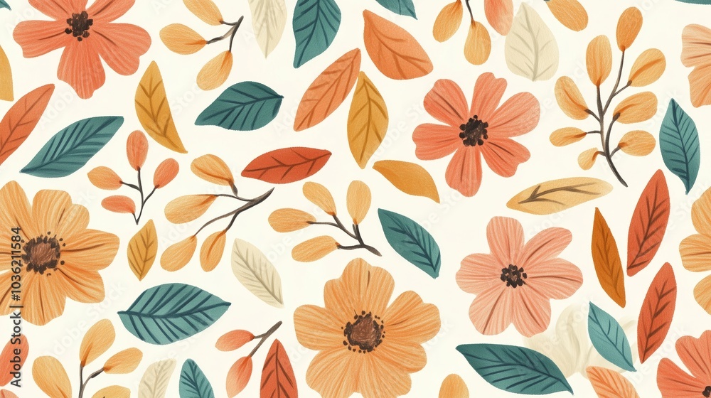 pattern with hand-drawn flowers and leaves in warm, earthy tones pattern with hand-drawn flowers and leaves in warm, earthy tones