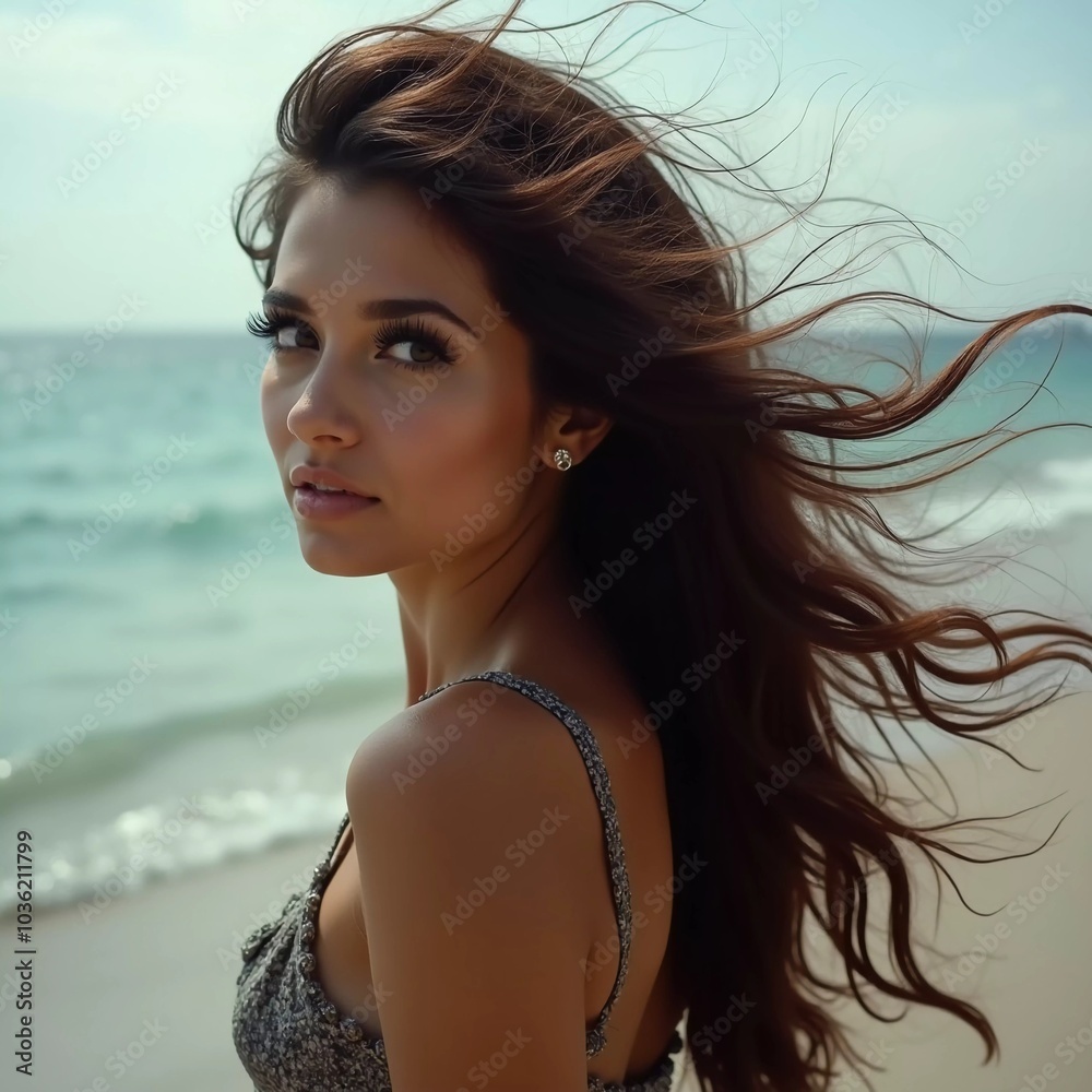 A brunette woman in a swimsuit gazes back while standing near the shoreline. Gentle sea waves lap at her feet under a clear blue sky. Long hair, beautiful young face. Travel and clothing adverts. AI A brunette woman in a swimsuit gazes back while standing near the shoreline. Gentle sea waves lap at her feet under a clear blue sky. Long hair, beautiful young face. Travel and clothing adverts. AI