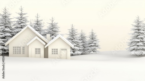 Experience the beauty of a tranquil Christmas setting with a cozy house, snow, and trees forming a winter wonderland backdrop