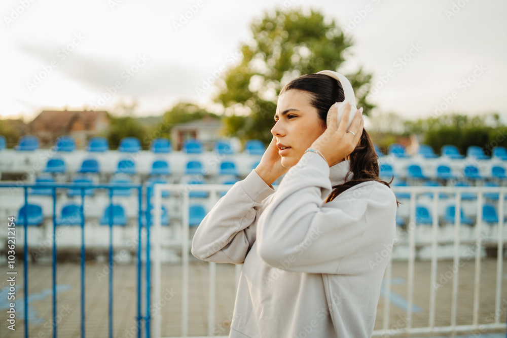 Young caucasian woman stretching and resting after run on stadium track Young caucasian woman stretching and resting after run on stadium track