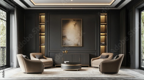 Modern living room featuring elegant furniture and ambient lighting.