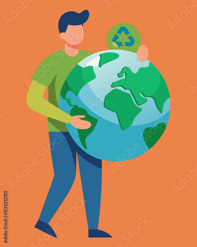 An artistic depiction of a person holding up a globe made entirely out of repurposed materials illustrating the potential for a sustainable future through recycling.. Vector illustration