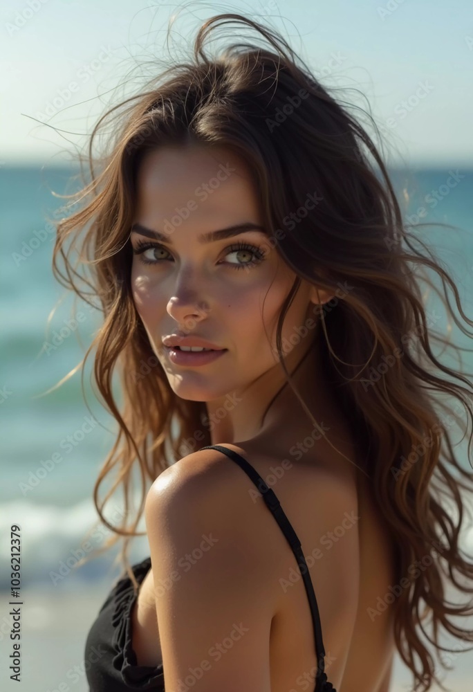 A brunette woman in a swimsuit gazes back while standing near the shoreline. Gentle sea waves lap at her feet under a clear blue sky. Long hair, beautiful young face. Travel and clothing adverts. AI A brunette woman in a swimsuit gazes back while standing near the shoreline. Gentle sea waves lap at her feet under a clear blue sky. Long hair, beautiful young face. Travel and clothing adverts. AI