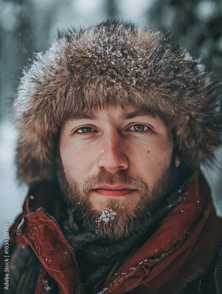 Sami man is spending time in a snowy forest during winter