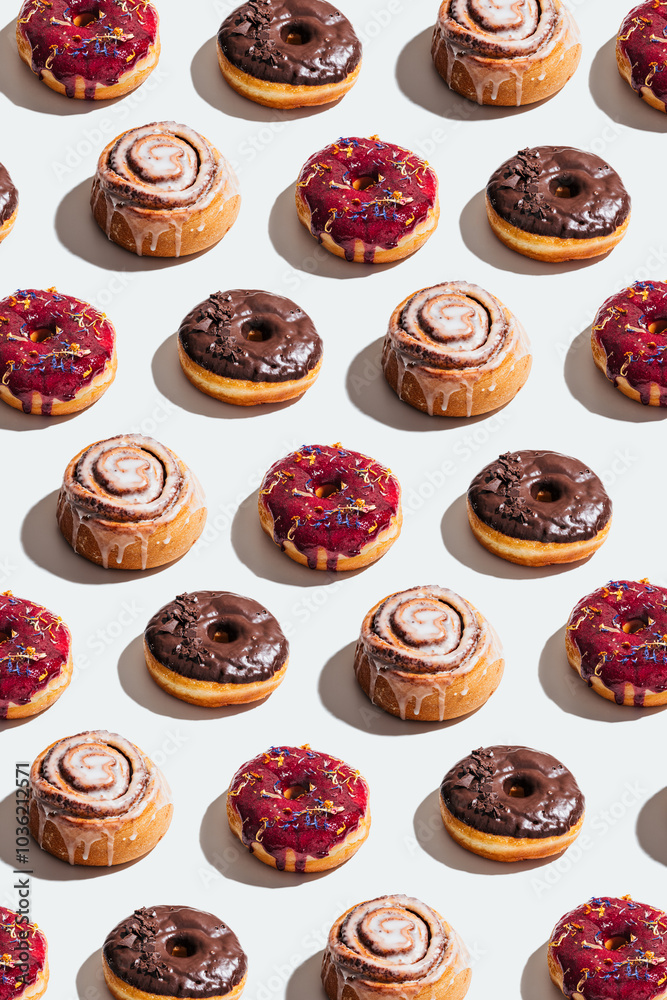 Pattern of Vegan Donuts and Cinnamon Rolls with Various Toppings Pattern of Vegan Donuts and Cinnamon Rolls with Various Toppings