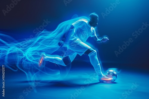 A young man kicks a football with force, illuminated by neon blue light, highlighting motion and excitement