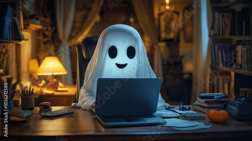A cute ghost sitting at the desk, working on a laptop in an office with warm lighting, Halloween concept, Halloween decorations around them, cinematic