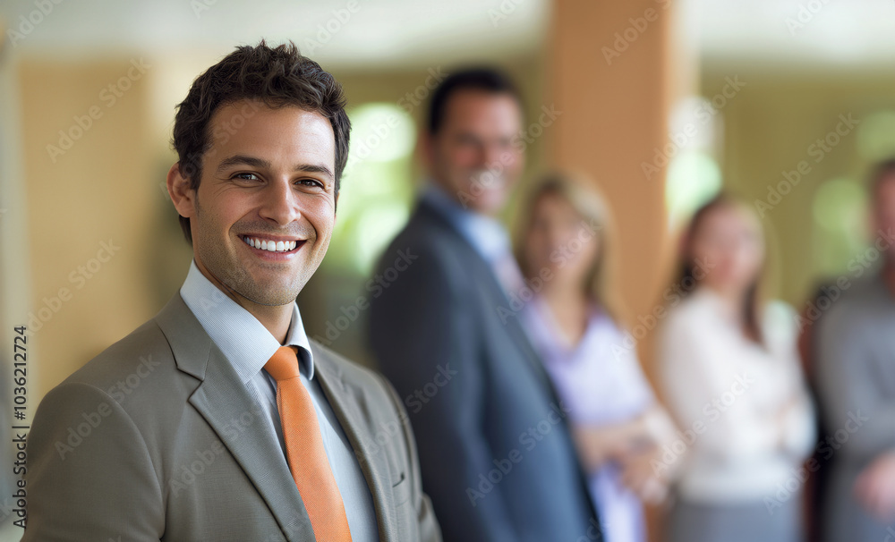 Young confident businessman smiling with team in background Young confident businessman smiling with team in background