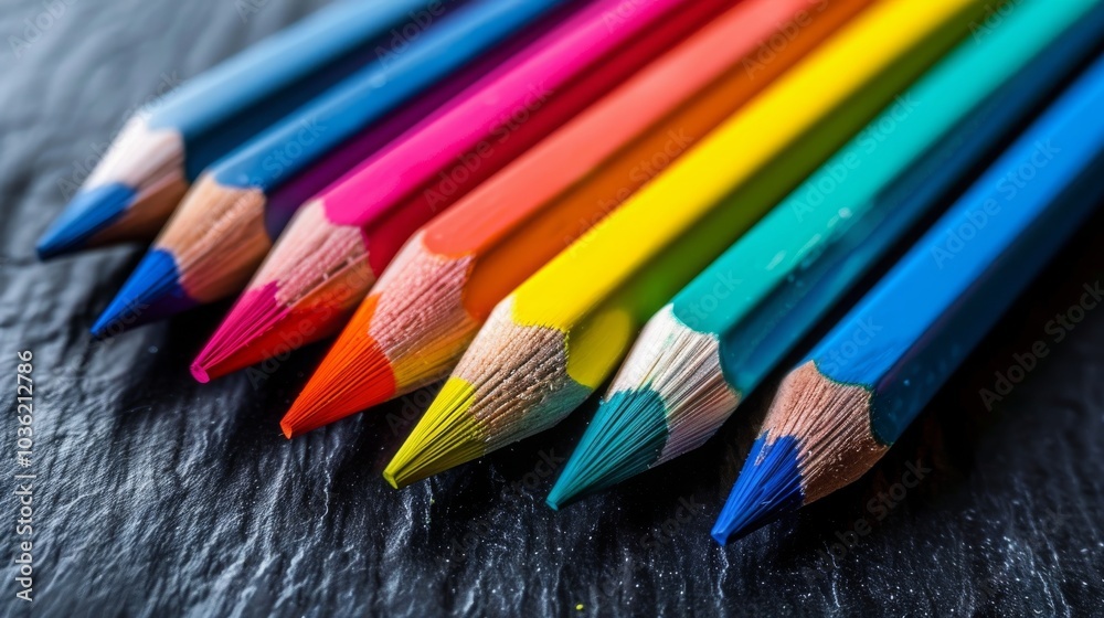 A close-up shot of colorful pencils arranged in a row, showcasing their vibrant hues against a dark background. A close-up shot of colorful pencils arranged in a row, showcasing their vibrant hues against a dark background.