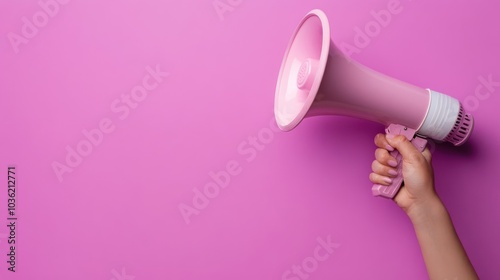 A pink megaphone held against a vibrant pink background, symbolizing communication and expression.