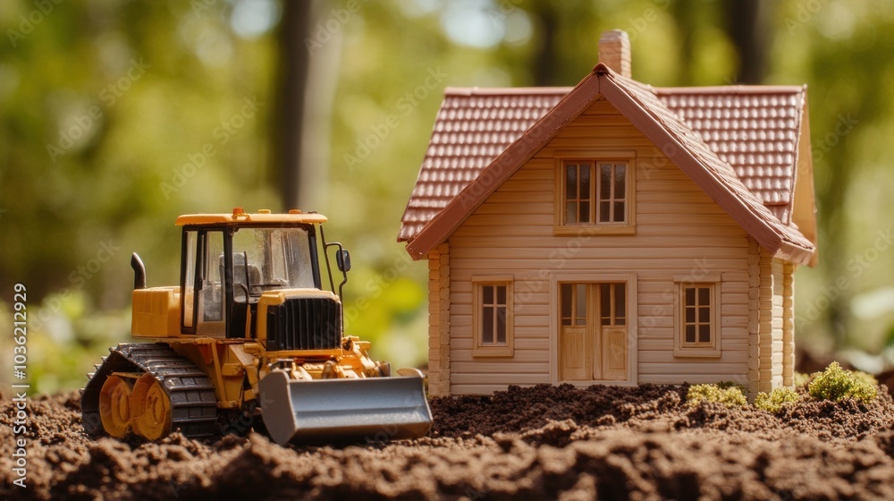 A toy bulldozer next to a miniature house on soil, illustrating construction or landscaping. A toy bulldozer next to a miniature house on soil, illustrating construction or landscaping.