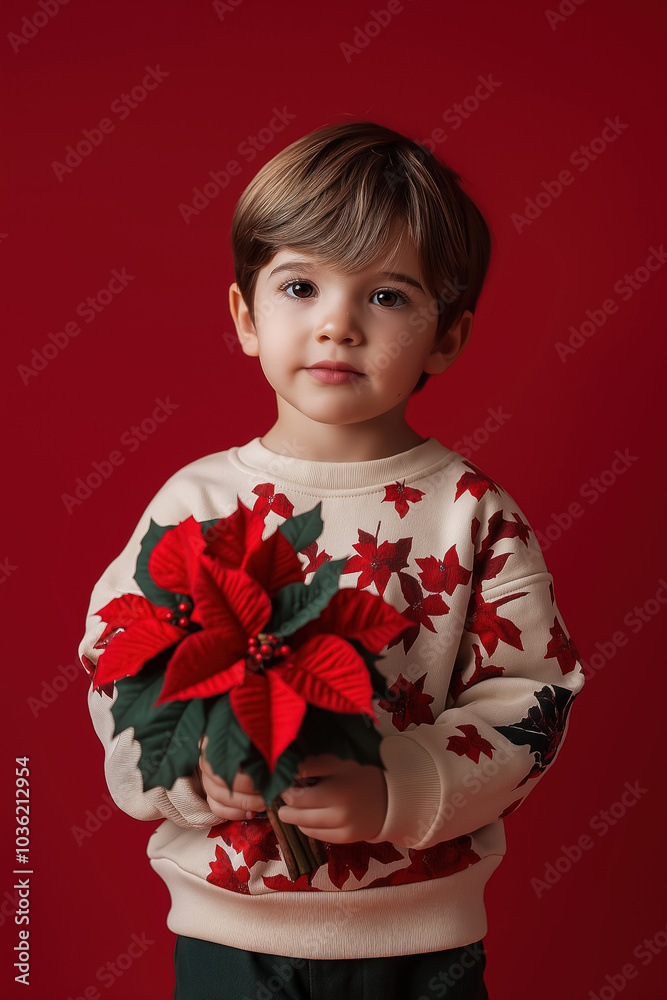 charming young boy holding a poinsettia flower, dressed in festive attire on red background charming young boy holding a poinsettia flower, dressed in festive attire on red background