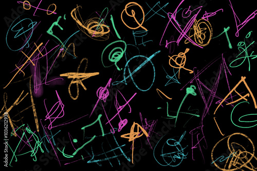 Colorful abstract chalk drawings on a black background photo