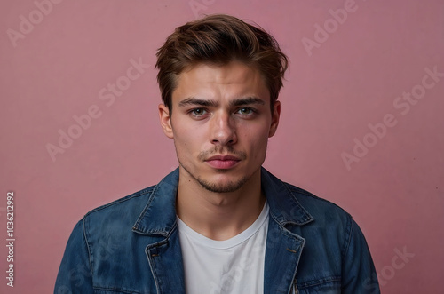 Serious young man with brown hair and blue eyes is posing on a pink background for a studio portrait