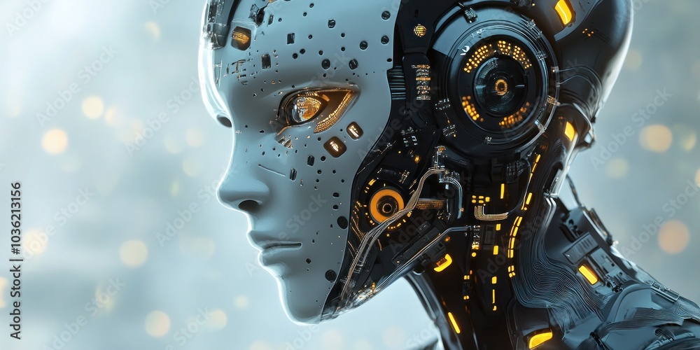 Close-up portrait of a futuristic female robot with visible internal circuitry and glowing lights, set against a bokeh background. Close-up portrait of a futuristic female robot with visible internal circuitry and glowing lights, set against a bokeh background.