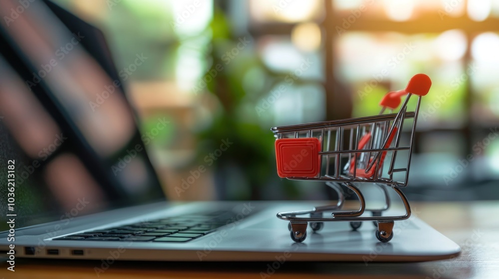 A miniature shopping cart placed on a laptop keyboard, symbolizing online shopping. A miniature shopping cart placed on a laptop keyboard, symbolizing online shopping.