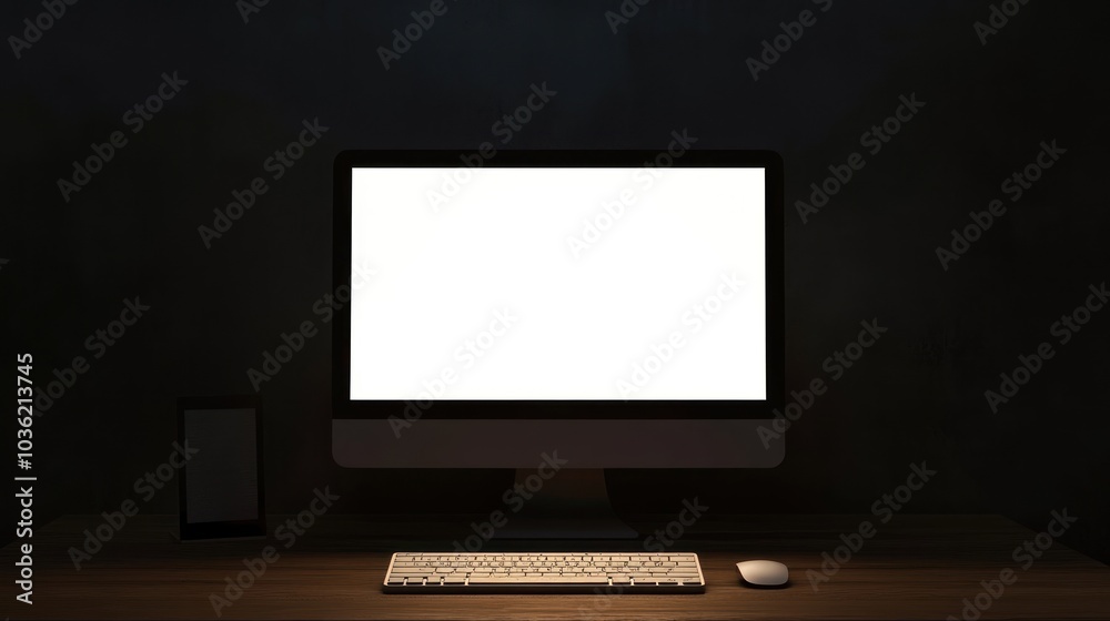 A dimly lit workspace featuring a blank computer screen, keyboard, and smartphone. A dimly lit workspace featuring a blank computer screen, keyboard, and smartphone.