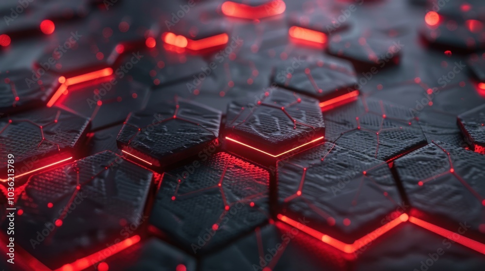 A close-up view of hexagonal tiles illuminated with red light on a dark surface. A close-up view of hexagonal tiles illuminated with red light on a dark surface.