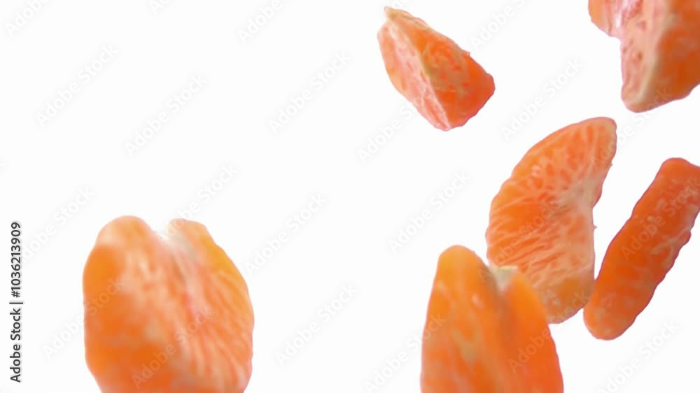 Peeled tangerine pieces are falling and rotating on the white background in slow motion. High quality 4k footage Peeled tangerine pieces are falling and rotating on the white background in slow motion. High quality 4k footage