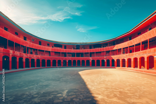 Spanish bullring for traditional performance of bullfight Empty round bullfight arena in Spain photo