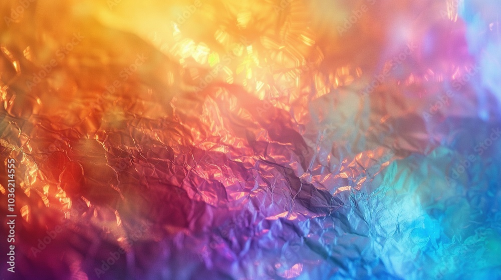Fototapeta premium Abstract Wrinkled Foil with Rainbow Hues and Glowing Lights