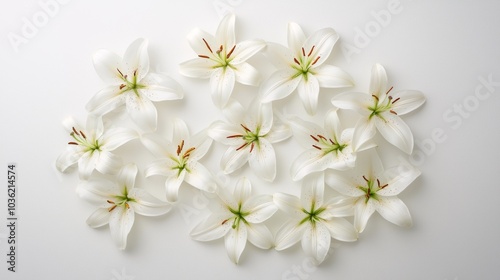 Group of vibrant white lilies laid on a spotless white surface, viewed from above, highlighting their natural beauty and minimalistic elegance in soft light