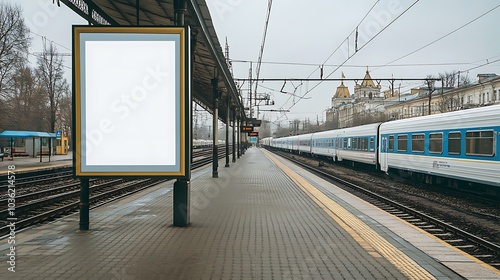 Fototapeta Naklejka Na Ścianę i Meble -  A large blank white poster on the side of a train station platform, perfect for marketing.
