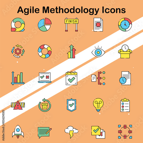 Set of agile methodology icons illustrating various concepts and practices perfect for project management themes.