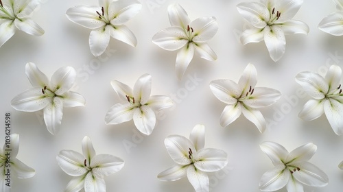 Group of vibrant white lilies laid on a spotless white surface, viewed from above, highlighting their natural beauty and minimalistic elegance in soft light