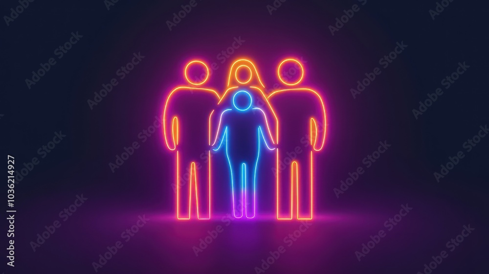 Neon outline of a family with two adults and one child, symbolizing unity and connection. Neon outline of a family with two adults and one child, symbolizing unity and connection.
